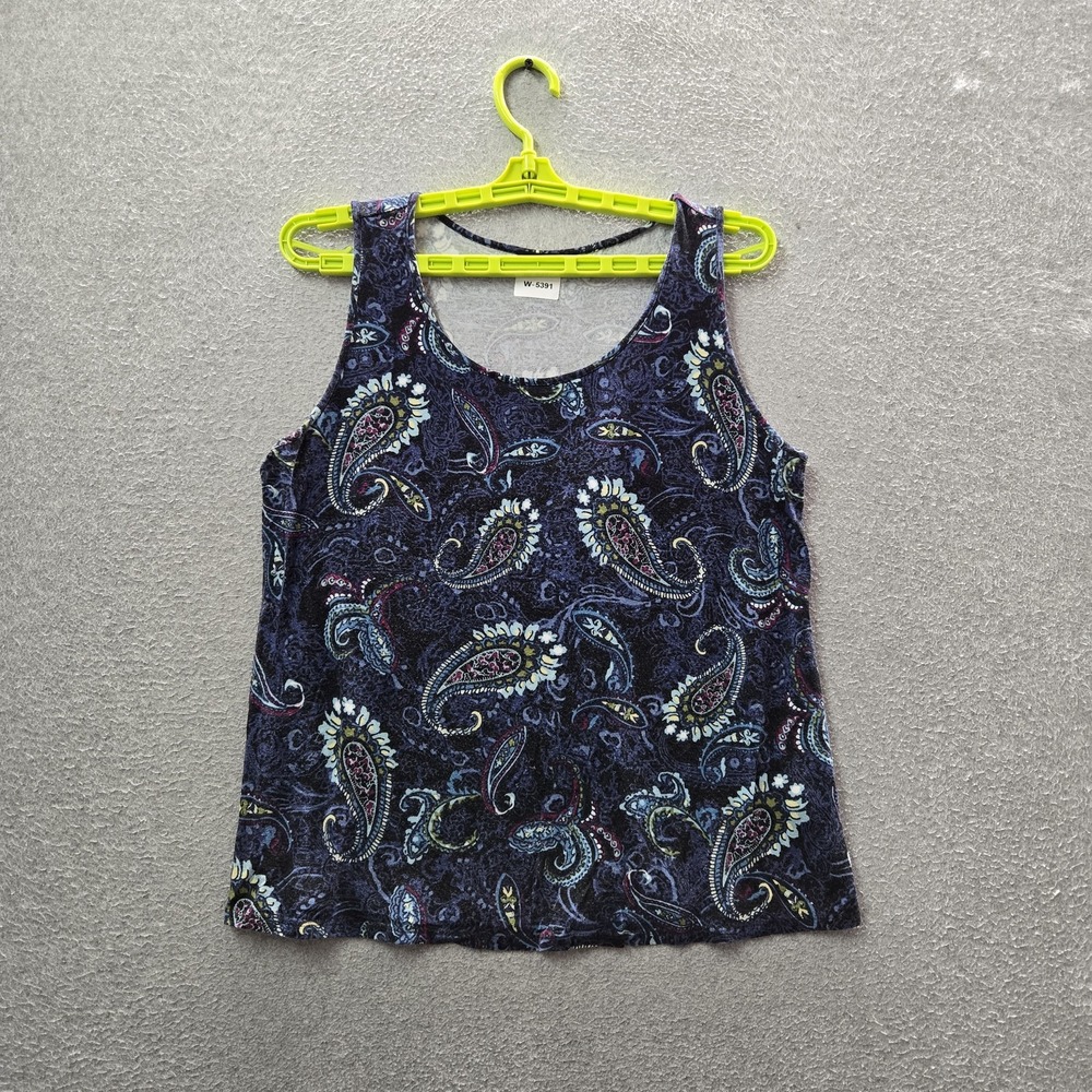 J Jill Women Tank Top MP Navy Paisley Wearever Collection Scoop Neck Artsy